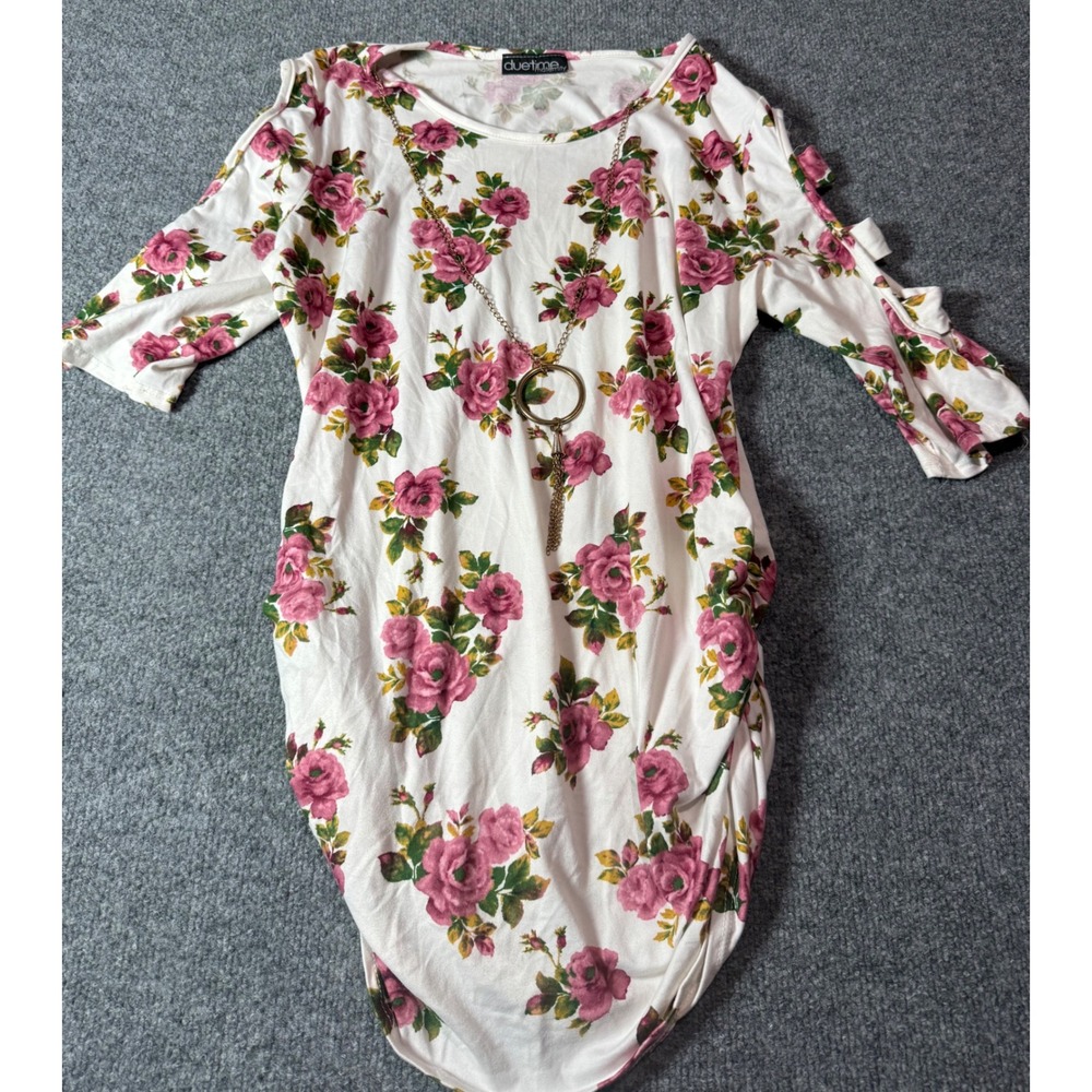 Due Time Maternity Floral Dress‎ Cut Out Sleeve White Pink Flowers